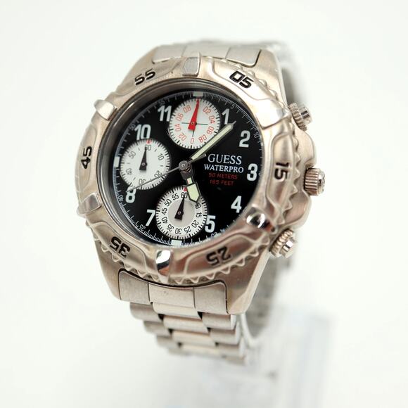 Vintage Guess Mens Split Second Chronograph Watch 39mm Panda Dial w New Battery